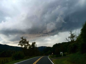 ©2014 Blue Ridge Life Magazine : Photo By Tommy Stafford : This dashcam shot taken Wednesday afternoon looking south toward Brents Gap shows some dark ominious clouds. A heavy line moved across the Central Blue Ridge Area around 5PM. September 2, 2015. 