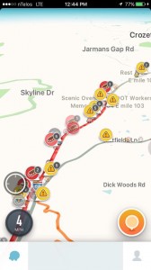 Screenshot via Waze GPS app: Around 12:45 PM Sunday - November 29, 2015 - this screenshot of Waze shows just how many accidents and traffic snarls were ongoing on Afton Mountain Along I-64. 