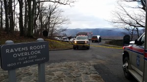 Photo By Bob Clouston : Crews work Sunday afternoon - January 10, 2016 to recover a body found below Ravens Roost Overlook off of the Blue Ridge Parkway. The area is technically in Augusta County, but crews from Nelson & Augusta frequently provide assistance there. 