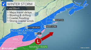 Image: ©2016 Accuweather.com : A major winter storm appears to be on the jorizon for the Mid-Atlantic area by the end of the week. 