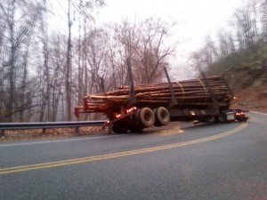 Photo Via Mike Biby : Icy roads across Nelson County cause havoc for folks getting out early on Friday morning. This truck hauling logs jackknifed on Brents Mountain along Route 151 had the entire road still shutdown as of 8:00 AM - Friday January 8, 2015