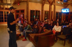 ©2016 Blue Ridge Life : Photos By Tommy Stafford : Lindsay Dorrier III, the Marketing Manager for Bold Rock Hard Cidery in Nellysford, talks with the crowd Thursday night during the Be Bold Launch Party to kick of a big weekend at Wintergreen Resort on March 4-6th. 
