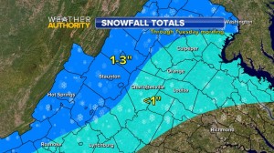 Graphic Courtesy of CBS-19 The Newsplex : Snowfall across the area for the next day or so is not expected to be anything like the amounts we saw a coupe of weeks ago. 
