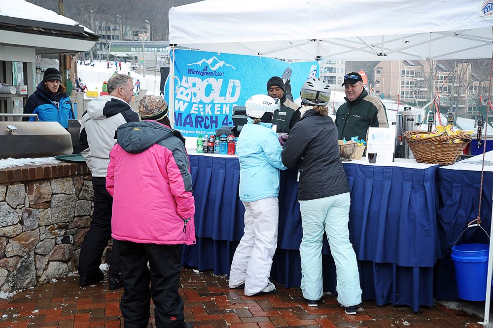 ©2016 Blue Ridge Life Magazine : Photos By Paul Purpura : The inagural kidkoff for the Be Bold Weekend At Wintergreen wrapped up Sunday a full day of slope-side partying from  on the Blue Ridge Terrace with merchandise raffles throughout the afternoon.