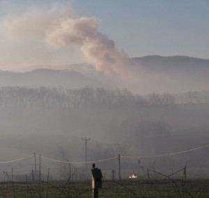 Photo courtesy of Carole Painter: A plume of smoke and a haze layer can be seen below early Friday morning from the mountain wildfire near St Mary's Wilderness in Augusta and Rockbridge Counties. This photo was taken from Lofton Road near Cold Springs Road in Augusta. March 18, 2016