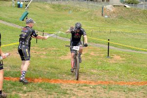 One of the bikers heads for the finish this past weekend at Wintergreen Resort's Tread & Trail Series. 
