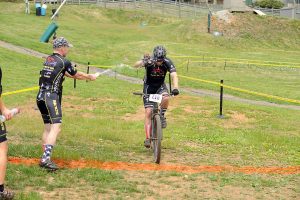 One of the bikers heads for the finish this past weekend at Wintergreen Resort's Tread & Trail Series.