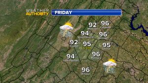 On Friday, plenty of mid 90's will settle across the area with heat indices easily topping 100°. 