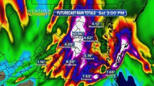 Graphic Courtesy of CBS-19 The Weather Authority : In addition to the Severe Thunderstorm Watch this evening, a Flash Flood Watch is in effect for most of the area through Friday morning. The above image shows the potential estimated rainfall. 