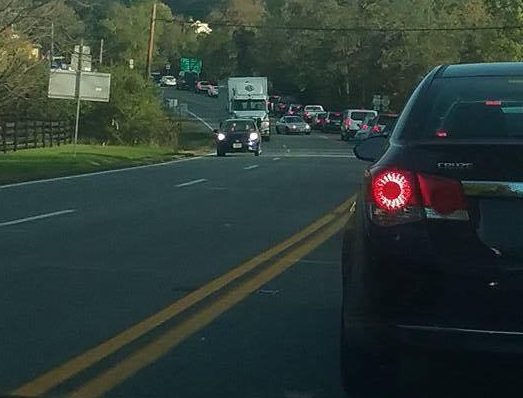 Photo Courtesy of Merrilee Gumm : An accident late Saturday afternoon at the intersection of Route 250 and Route 151 in Western Albemarle County has traffic backed up for a considerable length. Another accident up the mountain on old Route 6 also contributed to the gridlock.  