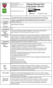 The latest release from the US Dept Of Forestry in Roanoke regarding the Mt. Pleasant wildfire in Amherst County, Virginia. Click image to enlarge.
