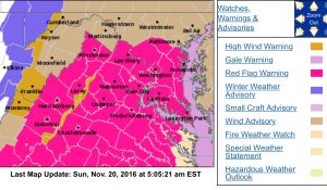 Via NWS : The areas highlighted in read are at a high risk for wildfires into early evening Sunday 11.20.15