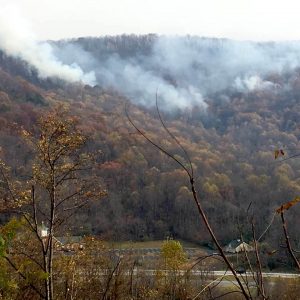 Photo Courtesy of Frank Wood : Fire continues burning on the mountainside above St. Mary's Catholic Church just north of Lovingston around noon Tuesday - November 22, 2016. 