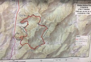 Map via VDOF : A map showing the general area affected by the Eades Hollow fire that began last weekend. The fire has now consumed about 1600 acres just before noon on Thanksgiving Day 2016. 