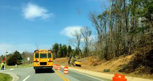 ©2017 Blue Ridge Life Magazine : Photo By Yvette Stafford : A school bus drivers waits to make a turn at the intersection of Route 635 (School House Lane) and Route 151 in Greenfield of Nelson County. The intersection is getting a major improvement project including turn lanes. Friday - March 24, 2017. 