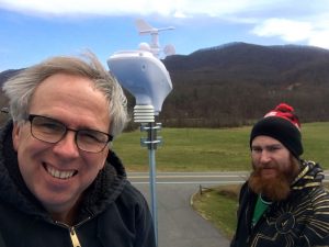 ©2017 Blue Ridge Life Magazine : BRL Publisher and Forecaster Tommy Stafford (L) and Clayton Witte with Ski Barn stand atop the roof at The Ski Barn at the Route 151 and 664 intersection Friday afternoon after the installation of the latest WeatherNow station. March 17, 2017