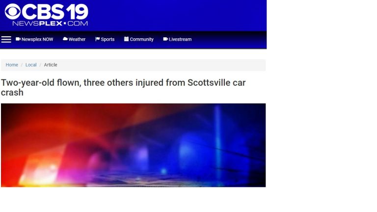 Scottsville : Two-year-old flown, three others injured from Scottsville car crash : Via CBS-19