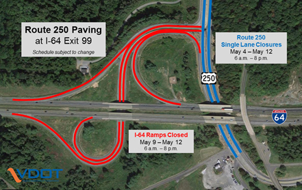 Route 250 Lane Closures & I-64 Exit 99 Ramp Closures For Paving On Afton Mountain : May 4 thru 12th
