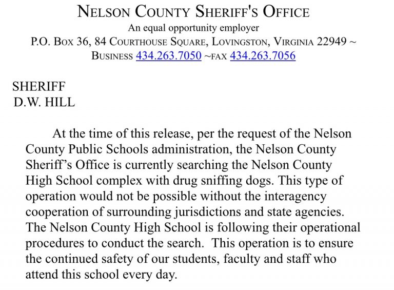 Nelson : Lovingston : Sheriff’s Officers Conduct Search For Drugs In Nelson High School With Dogs