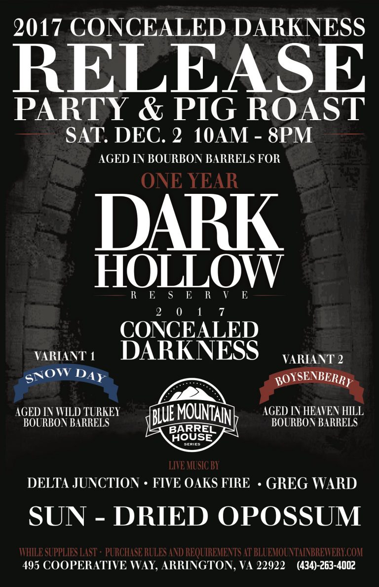 Arrington : Blue Mountain Barrel House Annual Concealed Darkness Release Party – Saturday : December 2nd,