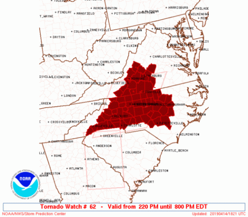TORNADO WATCH : For Some Counties In Central Blue Ridge Area – Canceled